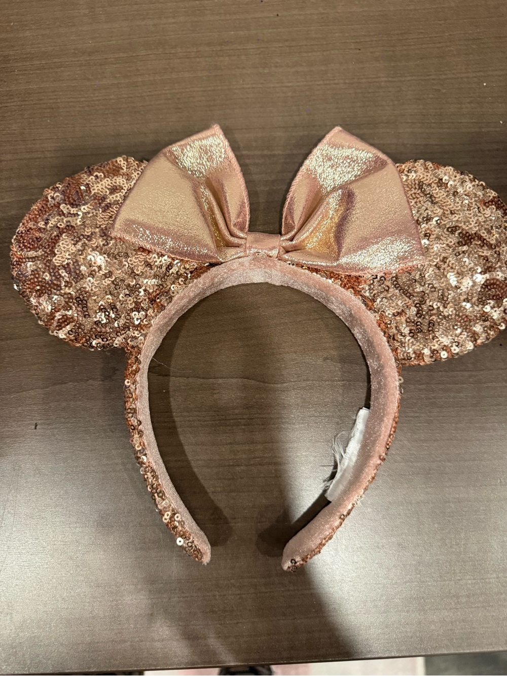 Disney Rose Gold Sequin Minnie Ear Headband with Metallic Bow